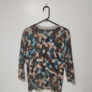 Talbots Blue and Brown Floral Long Sleeve Top